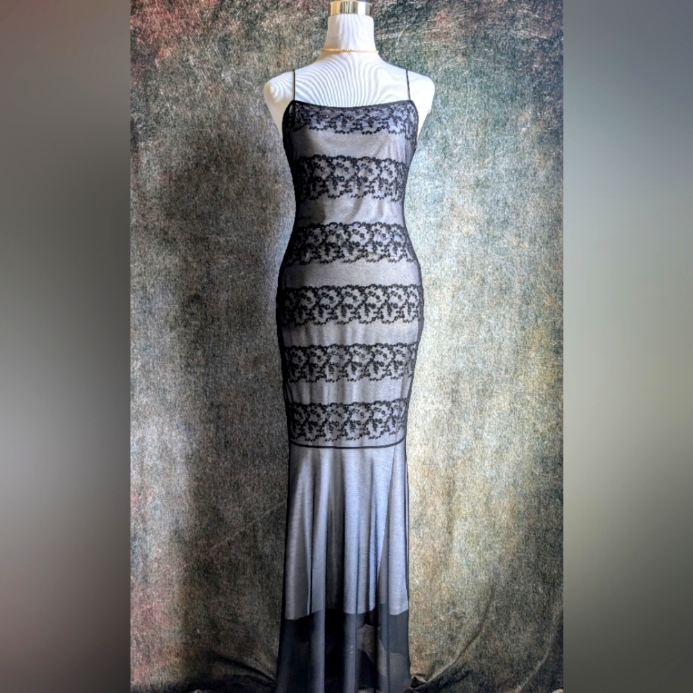 90s Sheer Lace & Sequin Maxi Gown | Whimsigoth Prom Dress